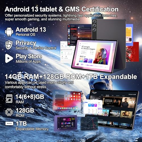 2024 Newest Tablet 10 Inch Android 13, 14GB RAM+128GB ROM (TF 1TB), Octa Core 2.0 GHz, 5G+2.4G WiFi | FHD IPS | 8000mAh | Bluetooth 5.0 | 5MP+8MP | GPS | Widgets| Tablet with Keyboard & Mouse - Grey