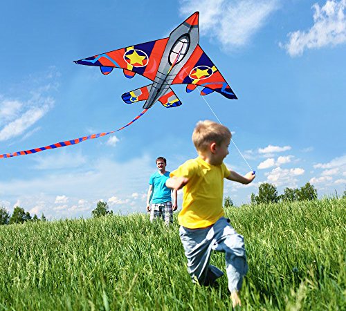 HUGE Fighter Plane Kite for Kids and Adults- 58"Wide with long tail- Easy Flyer - Kit Line and Swivel Included- Good for beach kite for children