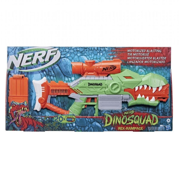 Nerf DinoSquad Rex-Rampage Motorised Dart Blaster, 10-Dart Clip, 20 Nerf Darts, 10-Dart Storage - T-Rex Dinosaur Design, Multicolor