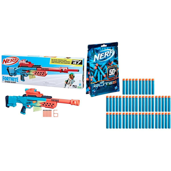 Nerf Fortnite Storm Scout Blaster, Nerf Scope, 6-Dart Clip, 6 Elite Nerf Darts, Bolt Action & Elite 2.0 50-Dart Refill Pack - Includes 50 Official Elite 2.0 Darts, Compatible With All Elite Blasters