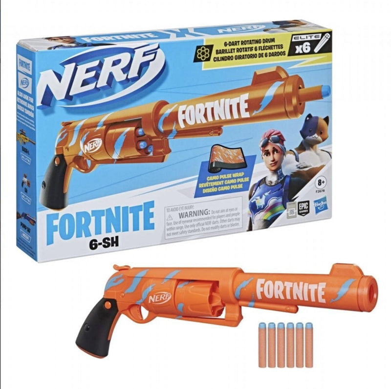 Nerf Fortnite 6-SH Blaster-Camo Pulse Wrap, Hammer Action Priming, Drum, 6 Elite Darts