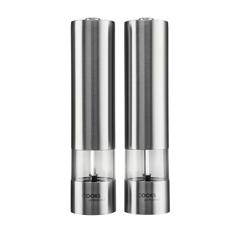 Cooks Professional Electric Automatic Salt and Pepper Mill Set | Battery Operated Grinders | Adjustable Grinding & One Touch Button | Condiment Grinder for Kitchen Accessories | (Stainless Steel)