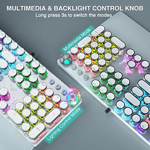 Aula F2088 Typewriter Style Mechanical Gaming Keyboard Blue Switch, with Removable Wrist Rest, Media Control Knob, Rainbow Backlit, Retro Punk Round Keycaps, 108 Keys Wired Computer Keyboard, White