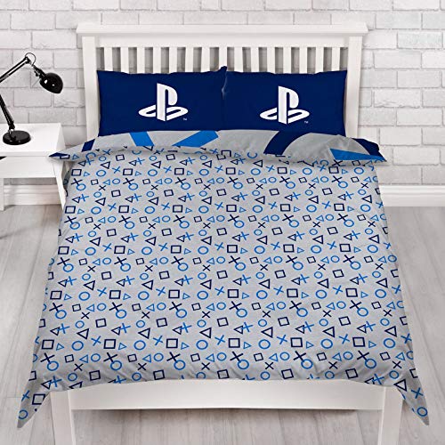 Character World PlayStation Blue Double Duvet Cover Officially Licensed Sony Reversible Two Sided Gaming Bedding Design with Matching Pillowcase, Polycotton, Blue, PYSBLEDD001UK2