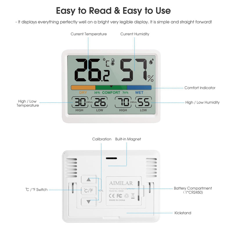 Humidity and Temperature Monitor - AIMILAR Digital Indoor Thermometer with High Low History, ℉ / ℃ Selectable, Easy to Use, Calibrate-able, Magnetic Option and Clear Display