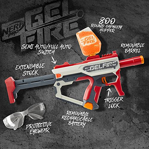 Nerf Pro Gelfire Mythic Blaster, 1,600 Gelfire Rounds, Hopper, Rechargeable Battery, Eyewear