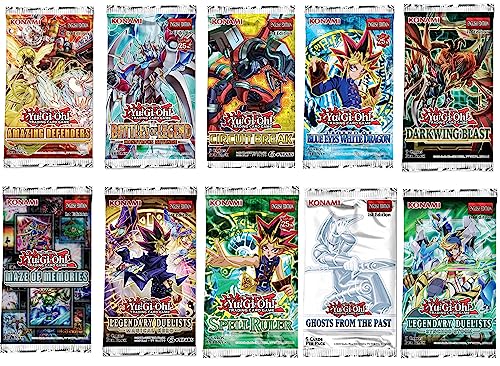 YuGiOh! Card Booster Pack Bundle - 10 Random YuGiOh Booster Packs + DelTex 100+ Card Deck Box