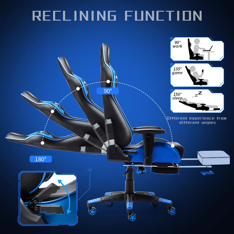 NOKAXUS Office Chair,Gaming Chair With Footrest Lumbar Support for Adults,PU Leather Ergonomic Massage Chair For Home,Computer Video Gamer Chair (Yk-6008-blue)