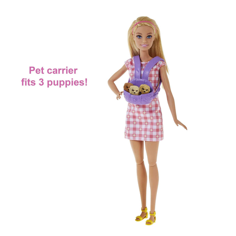 Barbie Doll and Pets Playset, Blonde Barbie Doll with Mommy Dog and 3 Puppies, Colour Changing Features and Barbie Pet Accessories, Toys for Ages 3 and Up, One Doll with Dogs, HCK75