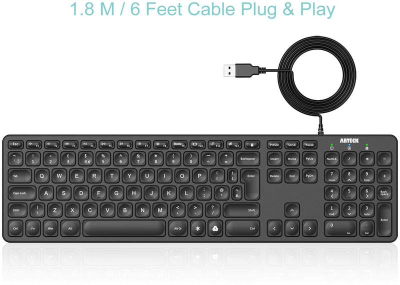 Arteck USB Wired Keyboard Universal Backlit 7-Colors & Adjustable Brightness Full Size Keyboard with 1.8M Wire, Numeric Keypad and Media Hotkey for Computer Desktop PC Laptop and Windows 11 10 8 7