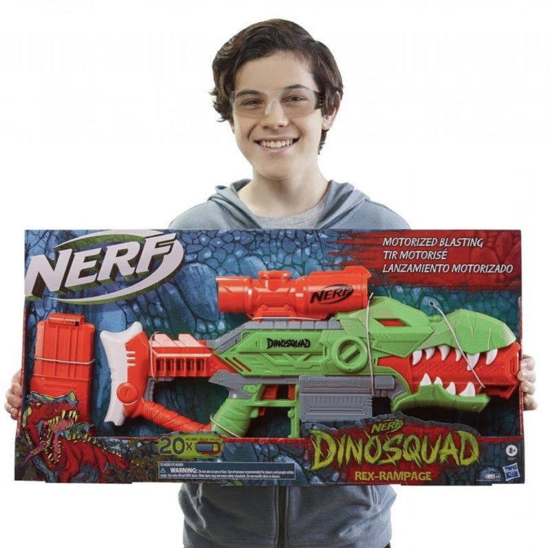 Nerf DinoSquad Rex-Rampage Motorised Dart Blaster, 10-Dart Clip, 20 Nerf Darts, 10-Dart Storage - T-Rex Dinosaur Design, Multicolor