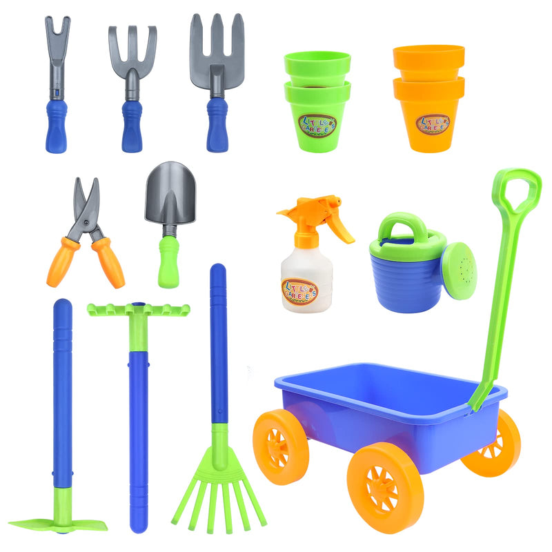 deAO Pull along Kids Wagon Wheelbarrow and Gardening Tools Play Set Includes 10 Accessories and 4 Plant Pots