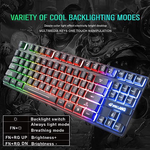 60% Gaming Keyboard, 87 Keys Mechanical Feeling Multi Color RGB Illuminated LED Backlit Wired Light Up Keyboard, Anti ghosting Mini Compact Waterproof TKL PBT Keycaps for PC/Laptop/Computer, Black