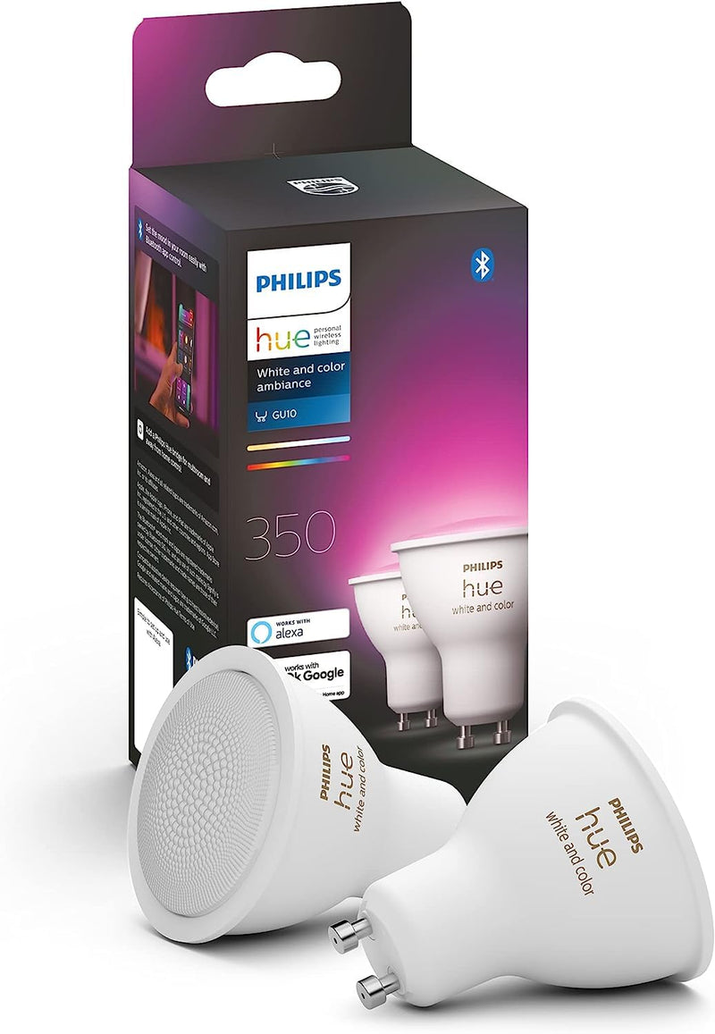 Philips Hue White and Colour Ambiance Smart Light 2 Pack [GU10 Spot] With Bluetooth. Works with Alexa, Google Assistant and Apple Homekit