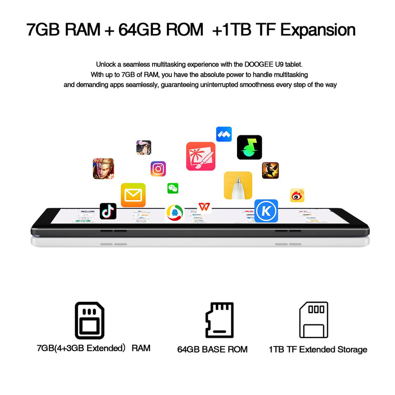 DOOGEE U9 Tablet 10 inch, 7GB RAM+ 64GB ROM(1TB TF), Android Tablet 5060mAh, Android 13 Tablet,1280 * 800 HD+ & Dual Camera &TÜV & WiFi 6 & Bluetooth 5.0 & OTG & Typ C, Black