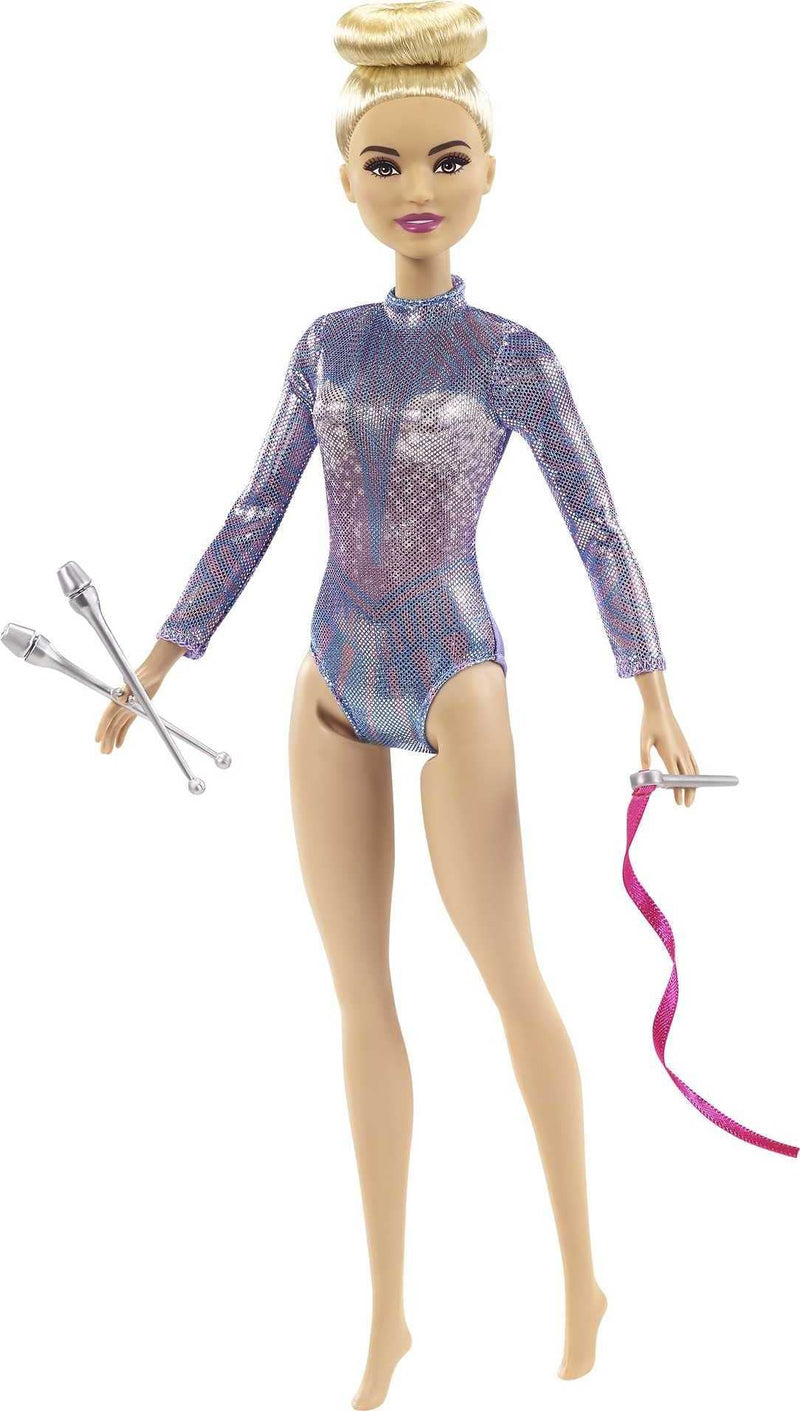 Barbie Rhythmic Gymnast Blonde Doll (12-in/30.40-cm) with Colorful Metallic Leotard, 2 Clubs & Ribbon Accessory, Great Gift for Ages 3 Years Old & Up, GTN65