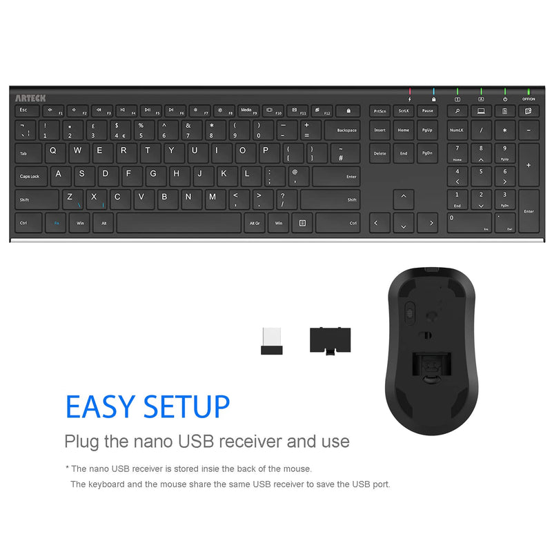 Arteck 2.4G Wireless Keyboard and Mouse Combo Stainless Steel Ultra Slim Full Size Keyboard Keyboard and Ergonomic Mice for Computer Desktop PC Laptop and Windows 10/8/7 Build in Rechargeable Battery