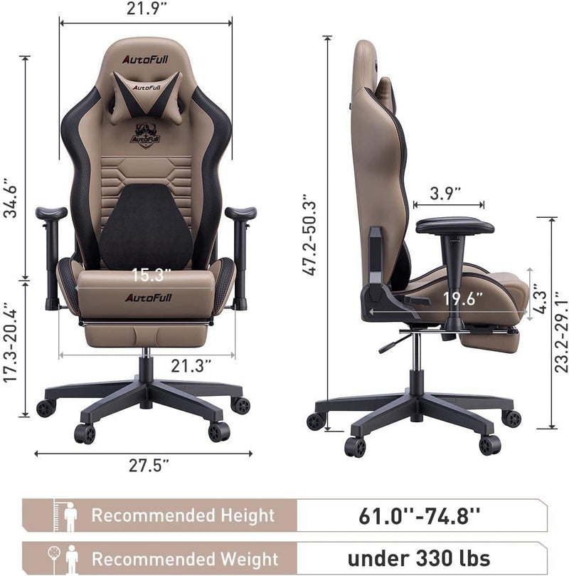 AutoFull C3 Gaming Chair Ergonomic Office Chair with 3D Bionic Lumbar Support, Racing Style Premium PU Leather Computer Chair Gamer Chairs with Footrest and Headrest,Brown,(3-Years Warranty)