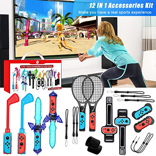 Aceshop 12 in 1 Switch Sports Accessories Bundle for Nintendo Switch / Nintendo Switch OLED Switch Accessories Bundle with Tennis Rackets Golf Culbs JoyPad Grips Sword Wrist & Leg Straps