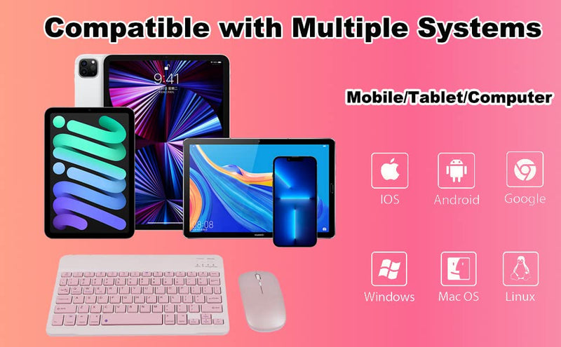 Bluetooth Keyboard, Wireless Keyboard and Mouse 2.4 USB Rechargeable Lightweight 10IN Universal Quiet Portable Mini Keyboard and Mouse set for iPad, iOS, Mac, Windows, Android Tablet Laptop-Pink