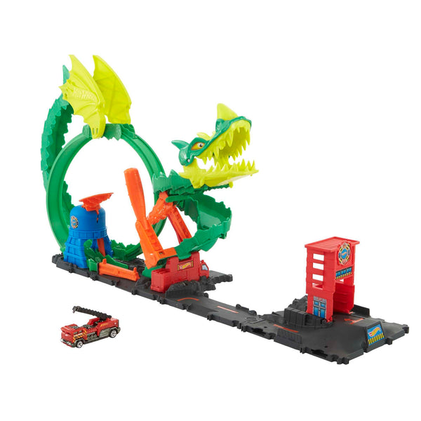 Hot Wheels City Dragon Drive Firefight Playset, Defeat the Dragon with Stunts, Connects to Other Sets, Includes 1 Hot Wheels Toy Car, Gift for Kids 3 to 8 Years Old, HJV70