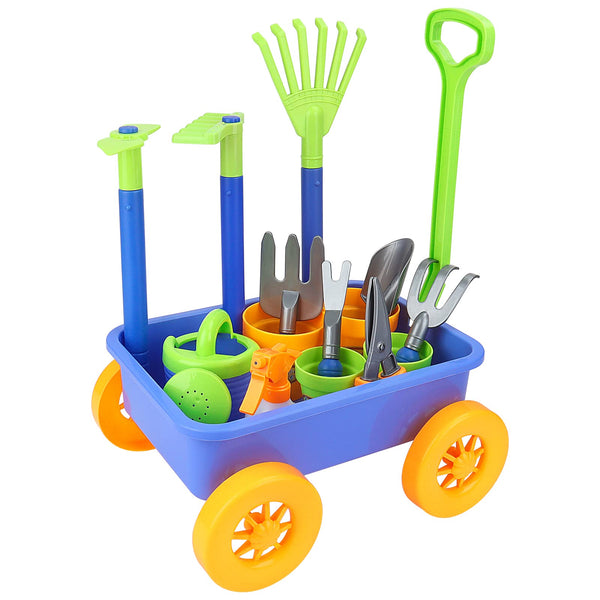 deAO Pull along Kids Wagon Wheelbarrow and Gardening Tools Play Set Includes 10 Accessories and 4 Plant Pots