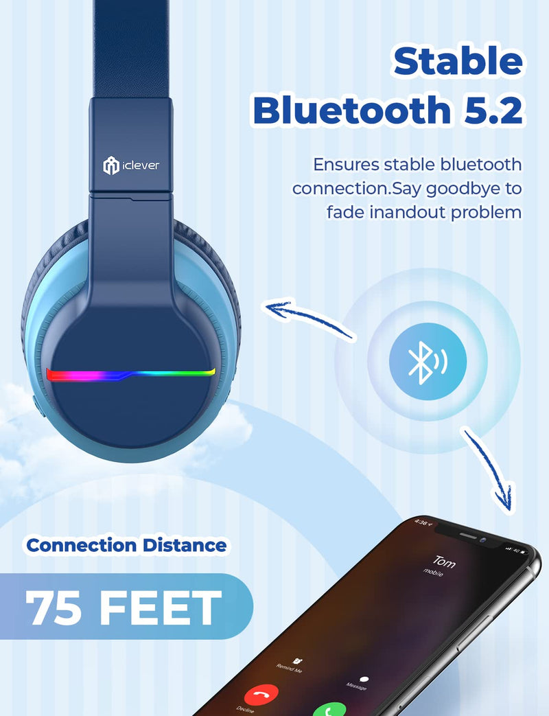 iClever Bluetooth Kids Headphones, BTH12 Colorful LED Lights Kids Wireless Headphones Over Ear with 74/85/94dB Volume Limited, 55H Playtime, Bluetooth 5.2, Built-in Mic for School/Tablet/PC