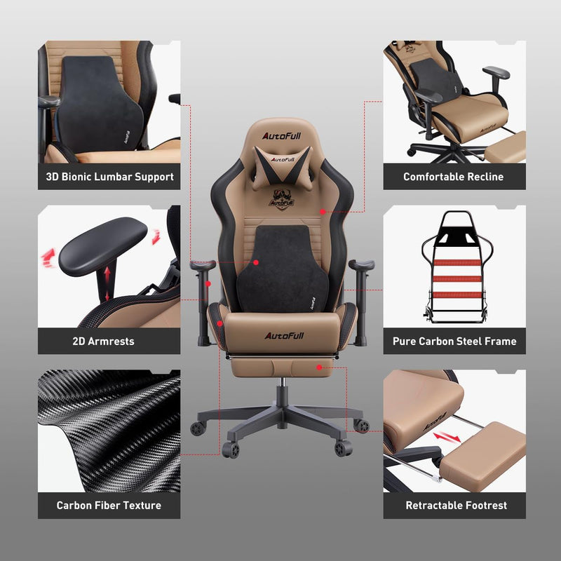 AutoFull C3 Gaming Chair Ergonomic Office Chair with 3D Bionic Lumbar Support, Racing Style Premium PU Leather Computer Chair Gamer Chairs with Footrest and Headrest,Brown,(3-Years Warranty)