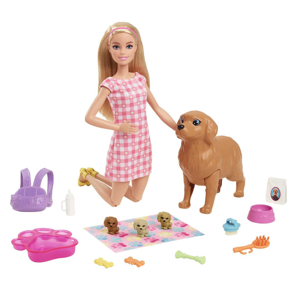 Barbie Doll and Pets Playset, Blonde Barbie Doll with Mommy Dog and 3 Puppies, Colour Changing Features and Barbie Pet Accessories, Toys for Ages 3 and Up, One Doll with Dogs, HCK75