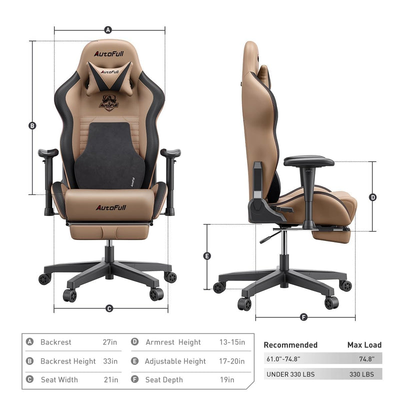 AutoFull C3 Gaming Chair Ergonomic Office Chair with 3D Bionic Lumbar Support, Racing Style Premium PU Leather Computer Chair Gamer Chairs with Footrest and Headrest,Brown,(3-Years Warranty)