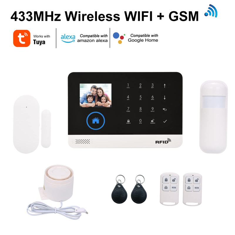433MHz Wireless WIFI + GSM Auto-Dial Security Alarm System Mobile APP Remote Control 2G+WIFI Compatible with Alexa Google Home Voice Control