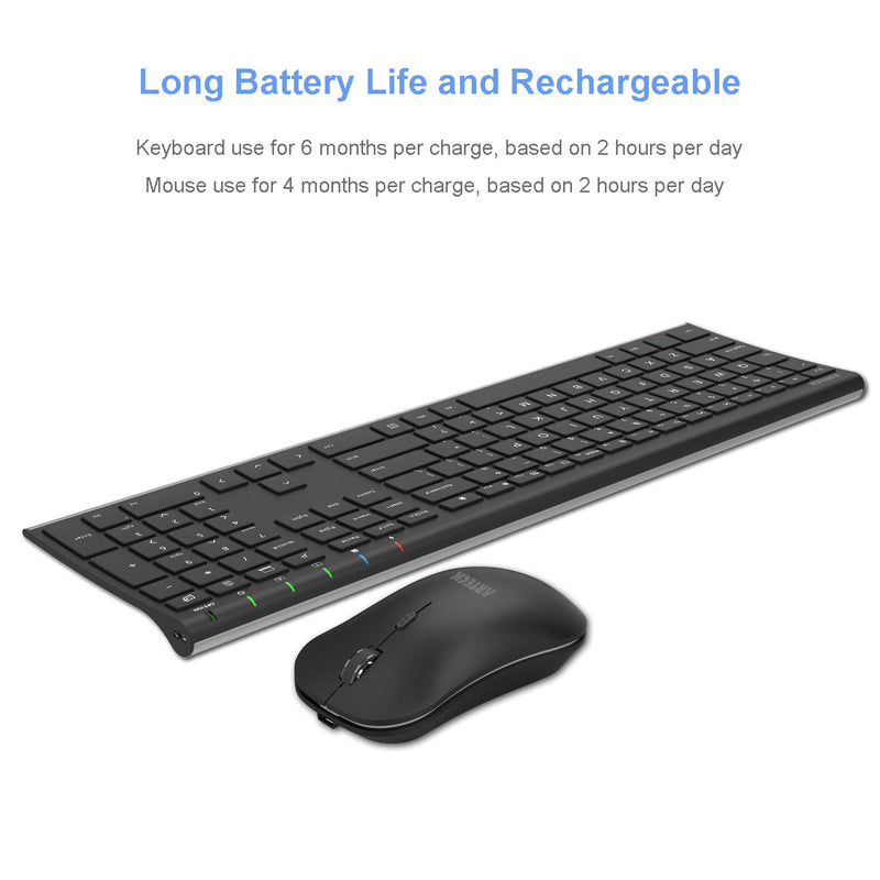 Arteck 2.4G Wireless Keyboard and Mouse Combo Stainless Steel Ultra Slim Full Size Keyboard Keyboard and Ergonomic Mice for Computer Desktop PC Laptop and Windows 10/8/7 Build in Rechargeable Battery