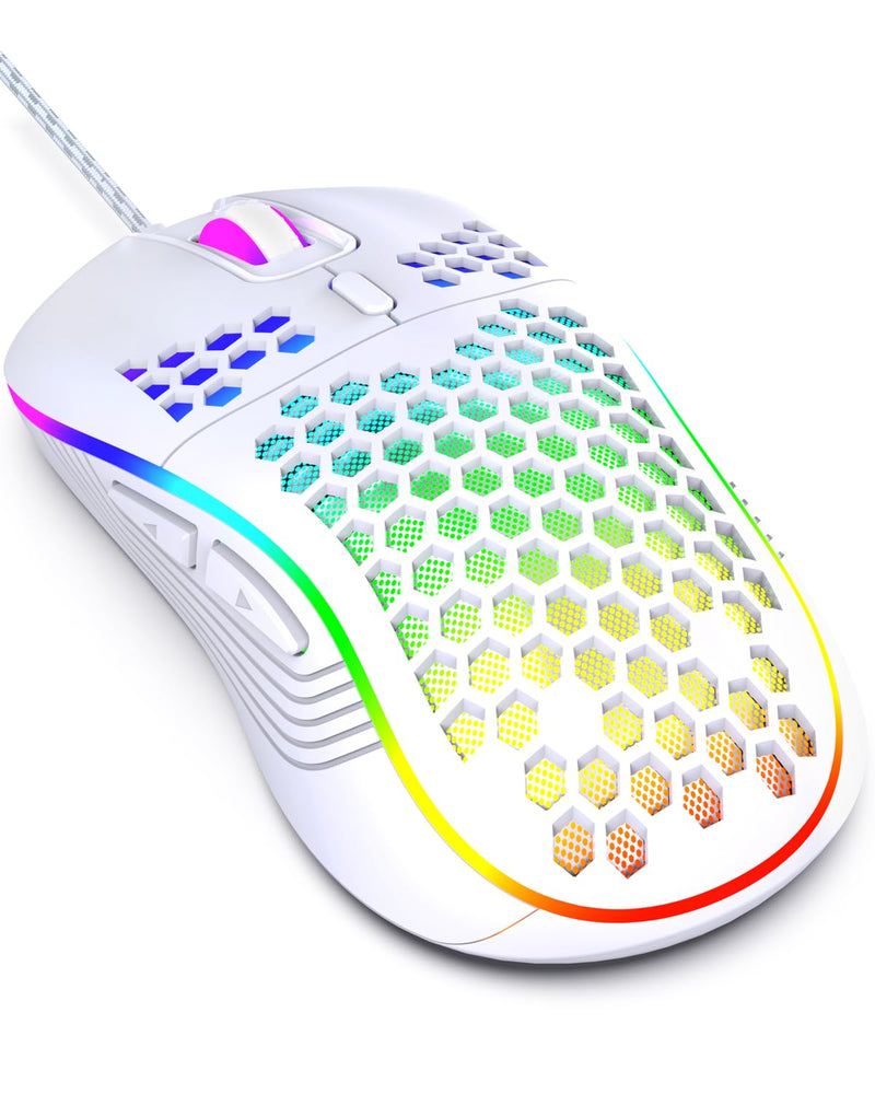 JYCSTE Wired gaming mouse, RGB backlighting and 7200 adjustable DPI, ergonomic and lightweight USB computer mouse with high-precision sensor for Windows PC & laptop gamers (White)