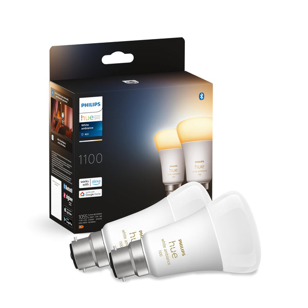 Philips Hue White Ambiance Smart Bulb Twin Pack LED [B22 Bayonet Cap] - 1100 Lumens (75W equivalent). Works with Alexa, Google Assistant and Apple Homekit