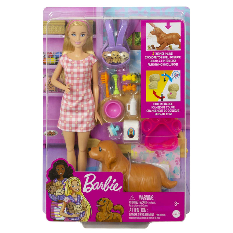 Barbie Doll and Pets Playset, Blonde Barbie Doll with Mommy Dog and 3 Puppies, Colour Changing Features and Barbie Pet Accessories, Toys for Ages 3 and Up, One Doll with Dogs, HCK75