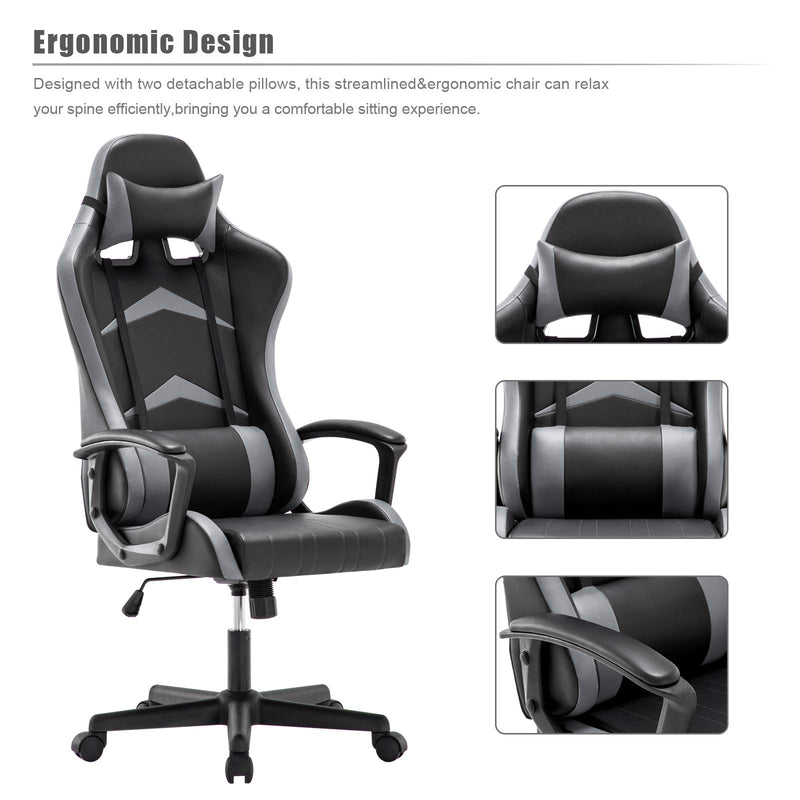 IntimaTe WM Heart Gaming Chair, Ergonomic High Back Office Racing Chair with Armrest, Swivel Leather Desk Chairs with Adjustable Headrest and Lumbar Cushion for Office and Home (Gray)