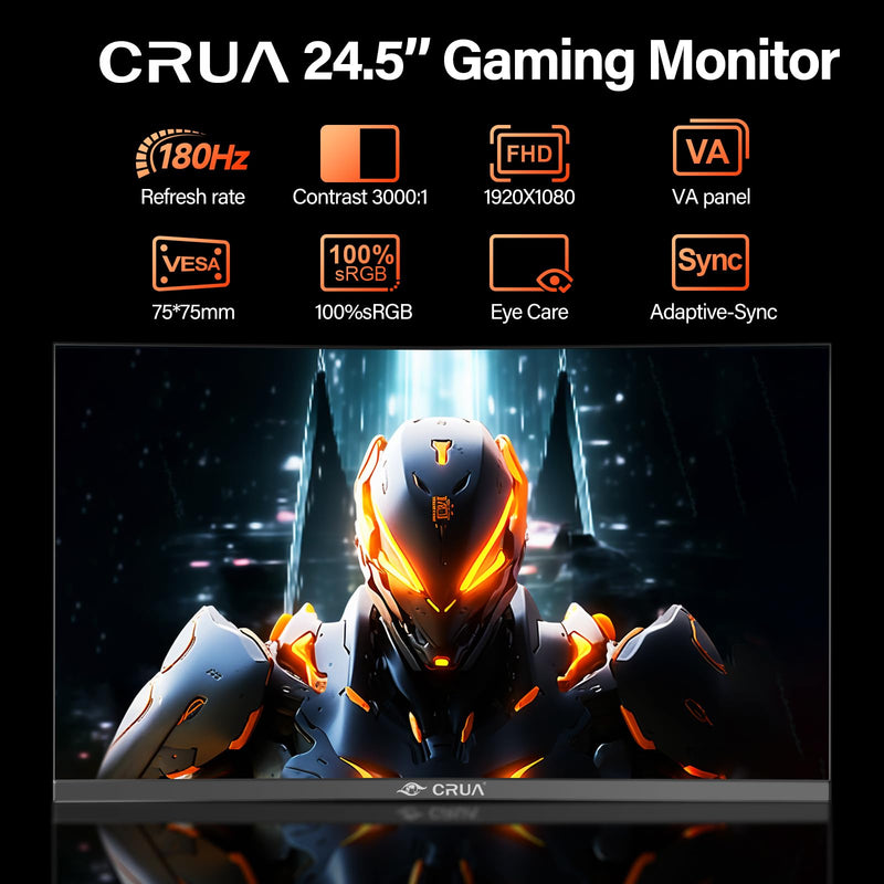 CRUA Monitor Gaming Monitor, 24.5 Inch 180Hz Curved Computer Monitor, Full HD 1080P Frameless Desktop Monitor, 1ms GTG with FreeSync, Low Motion Blur, Eye Care, VESA, DisplayPort, HDMI, Black