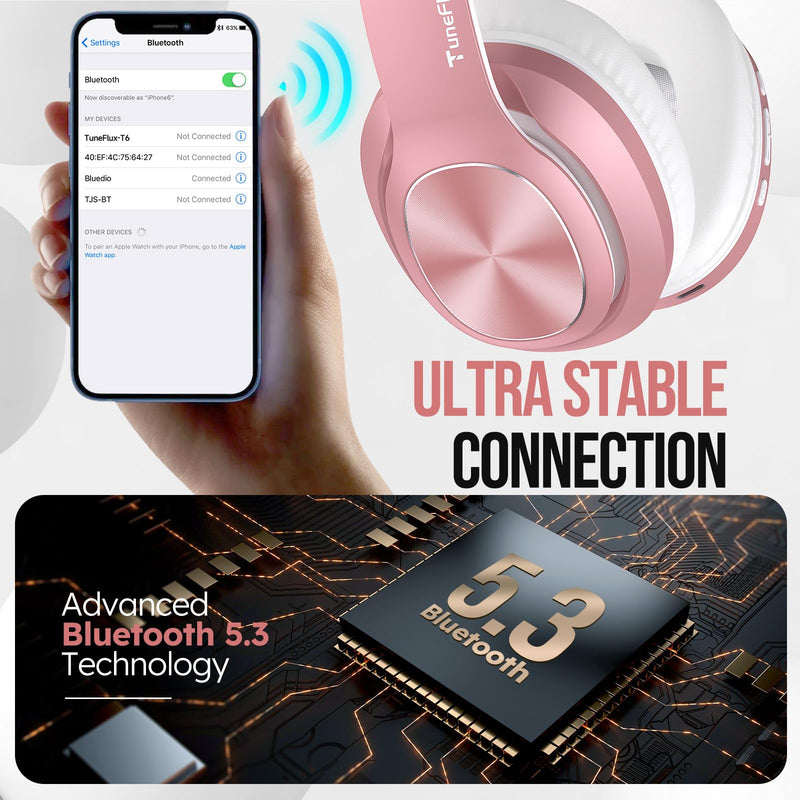 TuneFlux Wireless Bluetooth Headphones Over Ear, 80H Playtime, 3EQ Sound Modes, HiFi Stereo Headphones with Deep Bass Microphone, Foldable Bluetooth 5.3 Headphones-Rose Gold