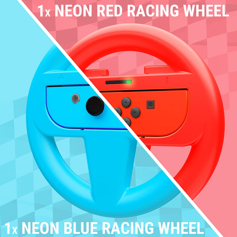 Orzly Steering Wheels for Nintendo Switch & OLED JoyCons, Racing Wheels for Mario Kart 8 Deluxe [Mariokart Switch Steering Wheel Joycon Controller Attachment Accessories] - TWIN PACK[1x Red & 1x Blue]