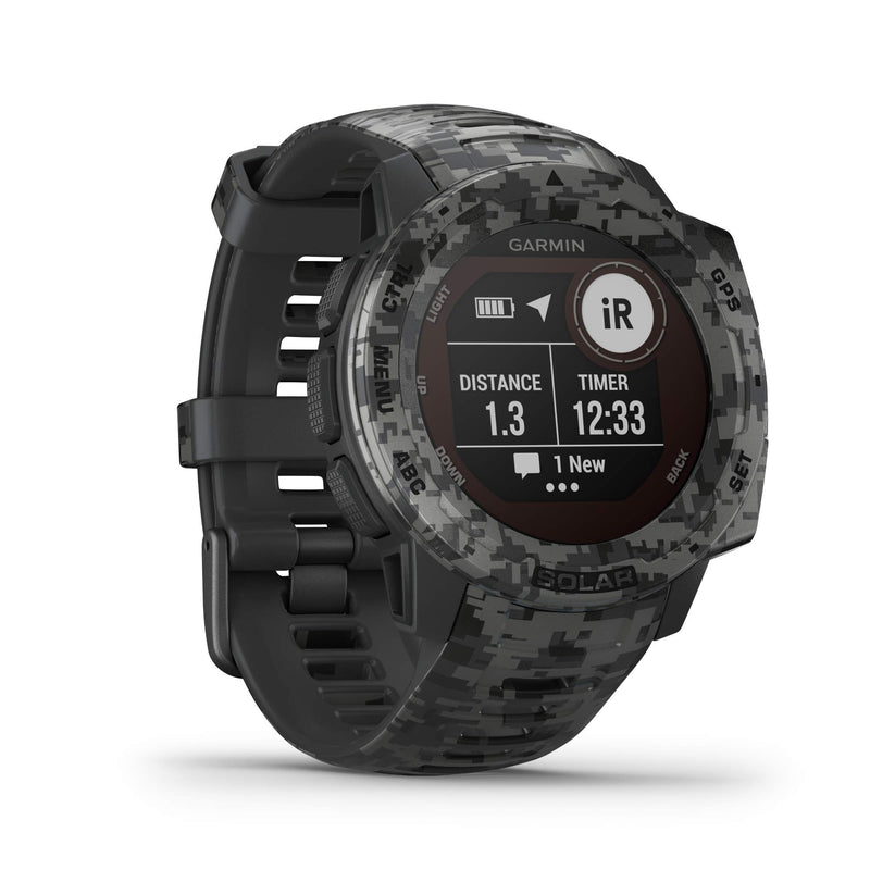 Garmin Instinct SOLAR, Rugged GPS Smartwatch, Built-in Sports Apps and Health Monitoring, Solar Charging and Ultratough Design Features, Graphite Camo