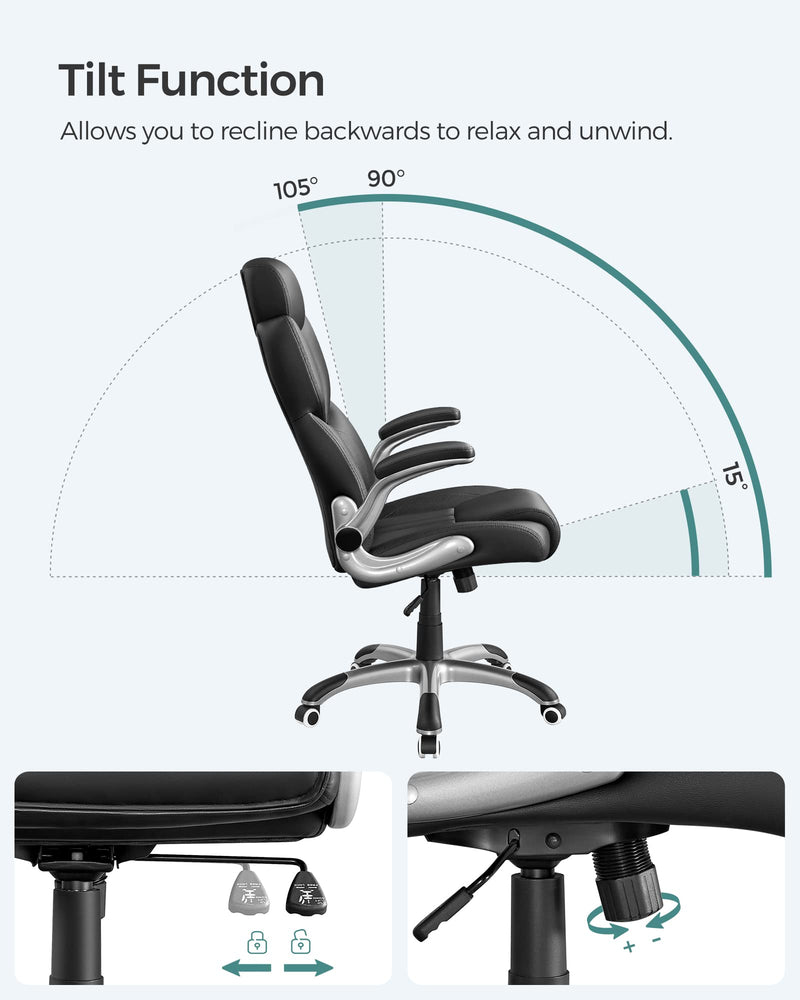 SONGMICS Office Chair, Ergonomic Gaming Chair, Adjustable Headrest, Tilt Function, Foldable Armrests, Swivel Castors, Adjustable Height, E-sports Chair, Ink Black OBG65BKUK