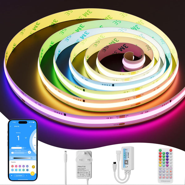 PAUTIX RGB Smart IC COB LED Strip 5M Kit,DC24V 3150LEDs Colour-Changing Pixel Addressable RGB LED Tape Lights,Multicoloured Flexible Lights with 72W Mains and Controller for Home DIY Lighting Projects