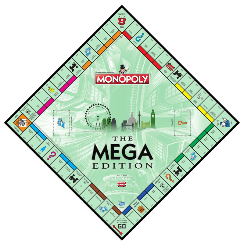 Winning Moves Mega Monopoly, an upgrade on the classic game board with 12 extra spaces including Downing Street, Saville Row and Knightsbridge, Invest in Skyscrapers, for ages 8 plus