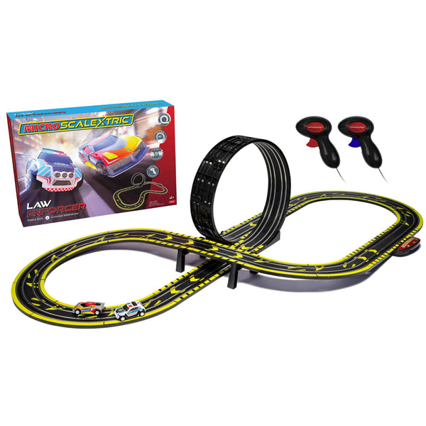 Micro Scalextric Sets for Kids Age 4+ - Law Enforcer Race Set - Mains Powered Electric Racing Track Set, Slot Car Race Tracks - Includes: 2x Cars, 1x Track Set, 1x Mains Powerbase & 2x Controllers