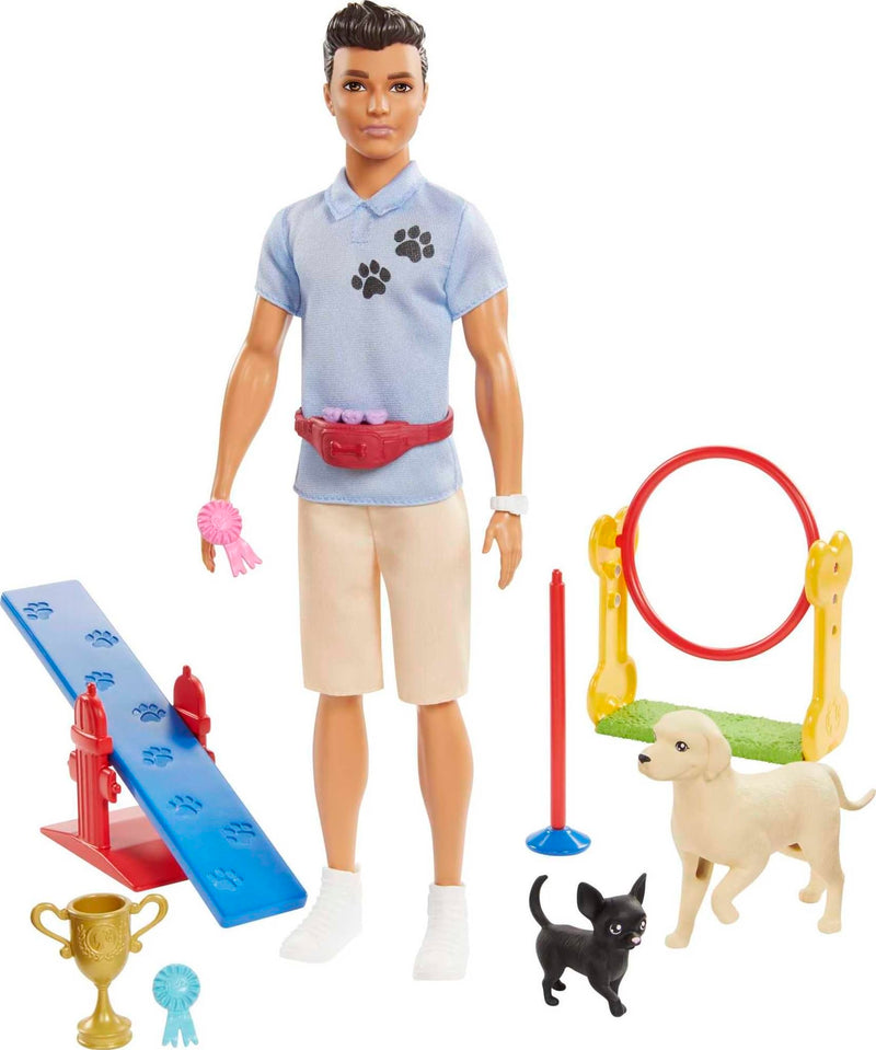 Barbie Ken Dog Trainer Playset with Doll, 2 Dog Figures, Hoop Ring, Balance Bar, Jumping Bar, Trophy and 2 Winner Ribbons for Ages 3 and Up, GJM34