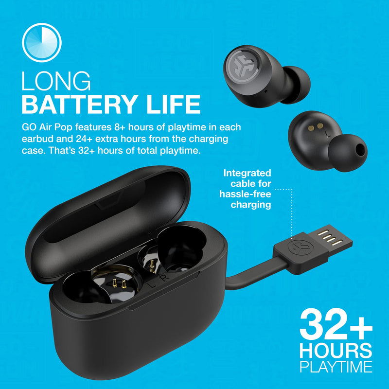 JLab Go Air Pop True Wireless Earbuds, Headphones In Ear, Bluetooth Earphones with Microphone, Wireless Ear Buds, TWS Bluetooth Earbuds with Mic, USB Charging Case, Dual Connect, EQ3 Sound, Black