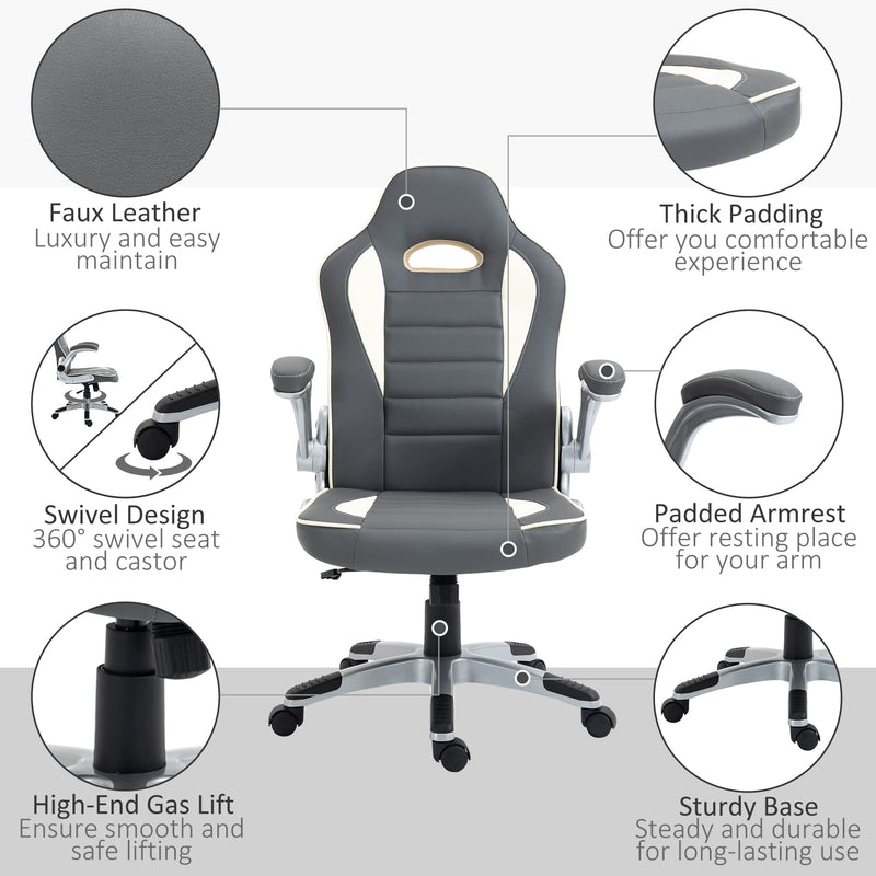 Vinsetto Home Office Chair Racing Gaming Chair, Height Adjustable Rolling Swivel Chair With Tilt Function PU Leather, Grey