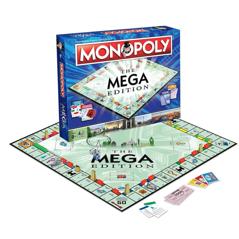 Winning Moves Mega Monopoly, an upgrade on the classic game board with 12 extra spaces including Downing Street, Saville Row and Knightsbridge, Invest in Skyscrapers, for ages 8 plus