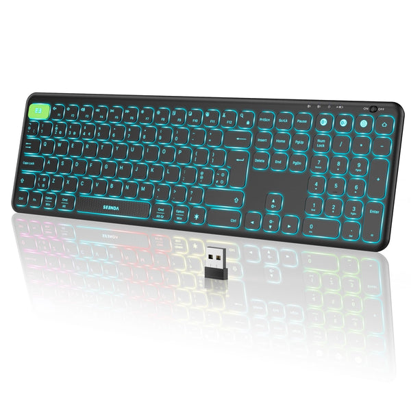 Seenda Wireless Backlit Keyboard, Multi-Device Bluetooth Illuminated Keyboard, Rechargeable Light Up Keyboard 7-Color Backlight for Mac/Windows, PC Computer Laptop MacBook Pro/Air iPad Tablet - Black