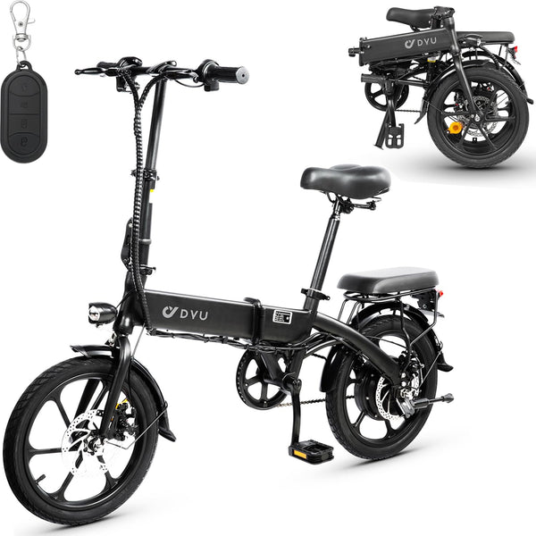 DYU Electric Bike for Adults Teens,16" Folding Electric Bicycle,Commuter City E-Bike with 250W Motor and 36V 7.5Ah Battery,Height Adjustable,Battery Indicator,Wireless Key Start,Compact Portable